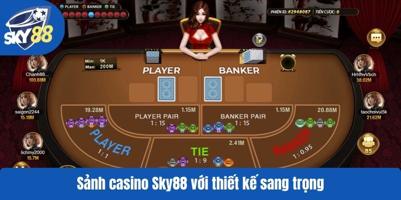 Sảnh casino Sky88 với thiết kế sang trọng